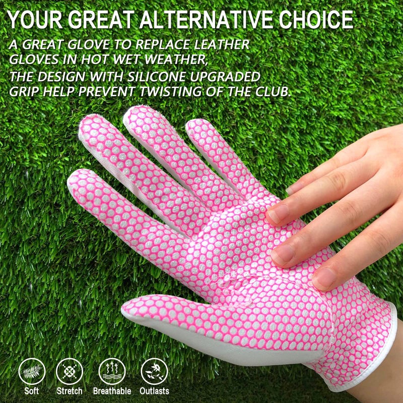 FINGER TEN Womenâ€™s Golf Gloves Ladies Left Hand Right Handed Golfer Value 6 Pack, All Weather Rain Grip Glove Pink Fit Small Medium Large XL (6 Pack Pink, Medium, Right) - Image 4